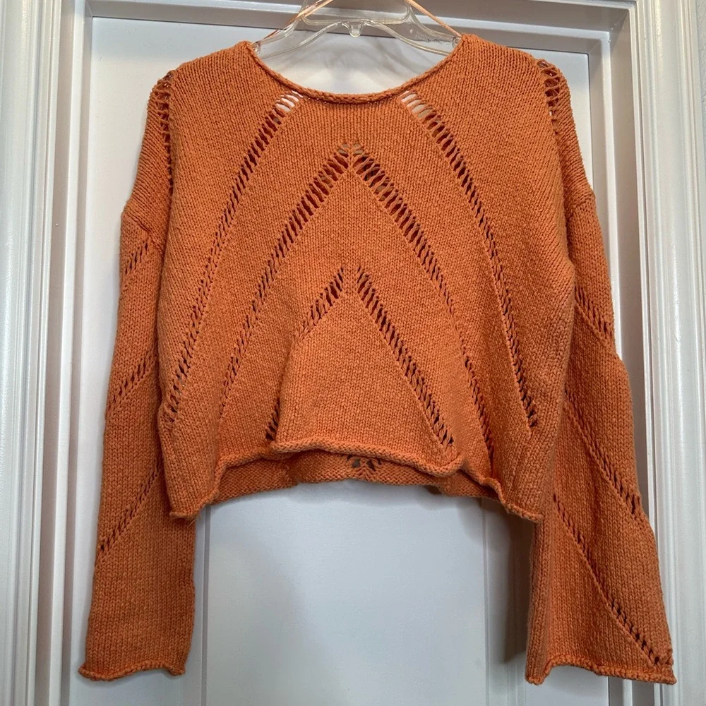 The orange Autumn Glaze Distressed‎ Sweater is Sz Medium